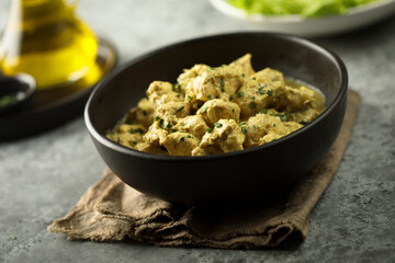 Traditional homemade chicken curry with coconut milk