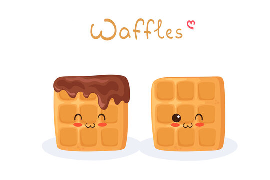 Kawaii cartoon Waffles characters. Cute happy sweet dessert mascot vector illustration isolated on white. Kids menu design concept. Smiling face food emoji. Classic baked waffle in chocolate.