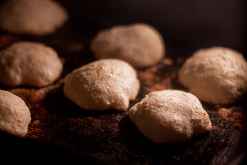 Homemade sweet cookies in stove. Baking cookies in bakery oven.  Cozy and warm home concept.