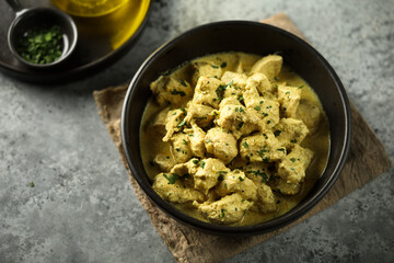 Traditional homemade chicken curry with coconut milk