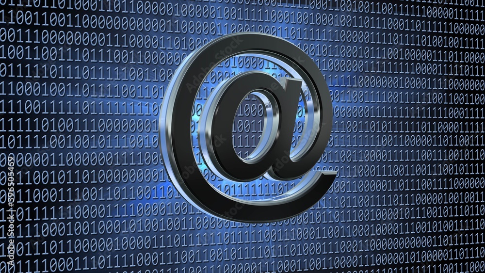 Poster abstract binary code background in blue - at sign in light effects - internet or information technol