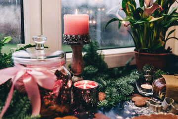 Christmas and New Year holidays, family celebration traditions. Mother cooking festive homemade sweets. Ingredients for cooking Christmas baking.