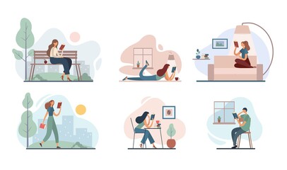 Modern people enjoying reading of books. Set of flat illustrations