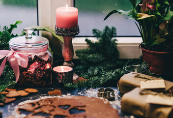 Christmas and New Year holidays, family celebration traditions. Mother cooking festive homemade sweets. Ingredients for cooking Christmas baking.
