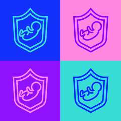 Pop art line Baby on shield icon isolated on color background. Child safety sign. Vector.