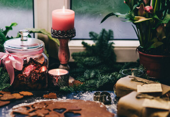 Christmas and New Year holidays, family celebration traditions. Mother cooking festive homemade sweets. Ingredients for cooking Christmas baking.