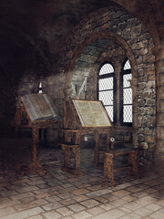 Old dusty room in a medieval monastery, with books, candles, and wooden benches. 3D render.