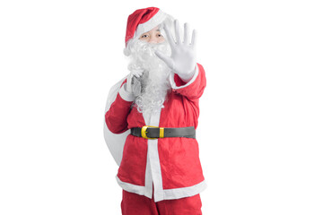 Asian man in Santa costume with an open hand carrying gift bag
