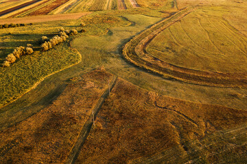 Aerial view of countryside plain landscape in summer sunset