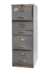 Old rusted filing cabinet isolated on white background