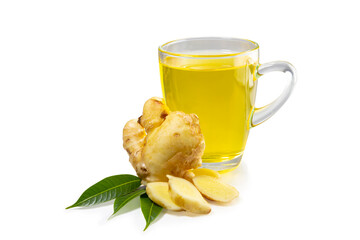 Glass of hot ginger tea with sliced ​​ginger rhizome (root) and green leaves isolated on white...
