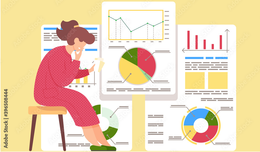 Poster pensive girl sits with cards in her hands. work with statistics and business anatytics. woman thinks