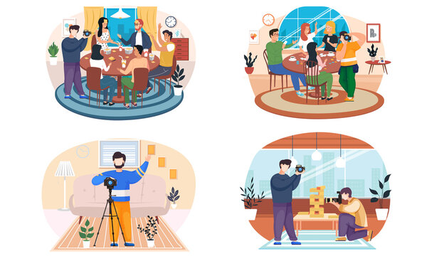 Photographer takes photos of friends having good time together playing games sitting at the table at home or cafe. Happy people are resting, drinking coffee and playing a board game, jenga and cards