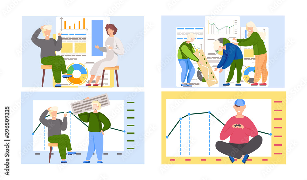 Poster set of illustrations on the theme of statistcs indicators. group of people isplaying with cards and 