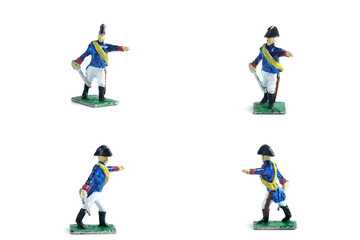 4 in 1 image of handmade tin soldiers with sword on the white background