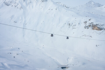Winter landscape in the Alps. chalet house in Mayrhofen sports region in the Zillertal. Two ski cabins against the mountains