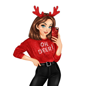 Funny Girl In Red Sweater And Deer Antlers Hat Taking Selfie. Hand Drawn Christmas Illustration