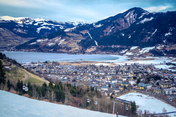 Panorama of the ski resort Zell am See. Winter landscape in the alps. Austria