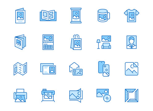 Photo printing line icon set. Brand identity printed on products like brochure, banner, mug, plotter vector illustrations. Simple outline signs for polygraphy. Blue color, Editable Stroke