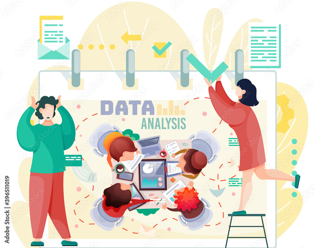Aufkleber data analysis teamwork. a team of analysts holds a meeting and develops a marketing strategy based o