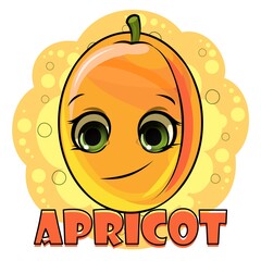 Apricot fruits on an abstract background. Face. Inscription. Isolated object on white. Ripe. Cartoon flat style. Illustration. Smile. Vector