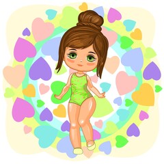 Obraz na płótnie Canvas Cute little girl in a swimsuit. Cheerful funny child in a good mood. The isolated object on a white background. Young baby in beachwear. Cartoon flat style. Vector