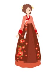 Korean traditional clothes Hanbok on smiling girl. Oriental culture costume with flower of persimmon on isolated white. Young woman in festive dress for holiday or event. Vector stock illustration.