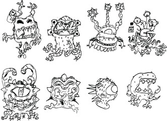 Vector drawing of scary monsters. A set of villains.