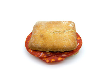 Spanish spiced sausage chorizo sandwich on ciabatta bread