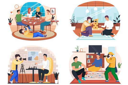Photographer takes photos of people having good time together playing games sitting at the table at home or cafe. Happy people are resting, drinking coffee and playing a board game, jenga and chess
