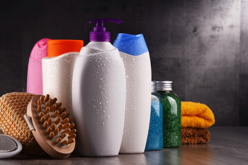 Plastic bottles of body care and beauty products