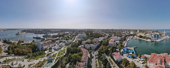 Aerial panorama view of Sevastopol city in summer day, city near the sea