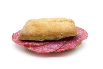 Salami sausage sandwich on ciabatta bread