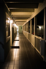 Motel's corridor in the night, Carmel-by-the-sea, California, usa