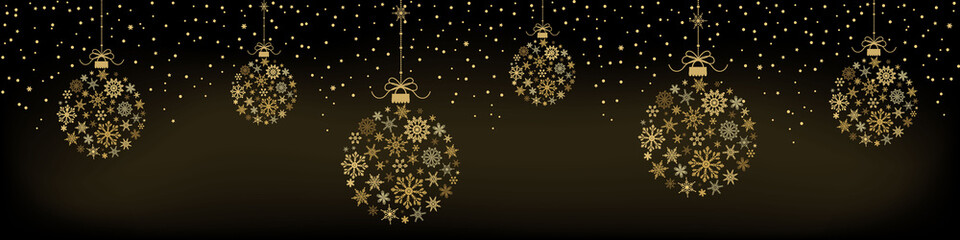 Greeting card with hanging Christmas balls made from gold snowflakes and snow on dark background. New year them. Vector illustration