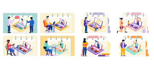 Man records a video lesson for student, set of eight scenes. Guy with headset talking to colleague. Teacher sits at a table with a laptop and speaks into a microphone, online learning modern education