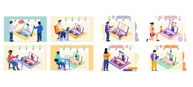 Man records a video lesson for student, set of eight scenes. Guy with headset talking to colleague. Teacher sits at a table with a laptop and speaks into a microphone, online learning modern education