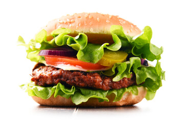 Homemade hamburger with cheese and fresh vegetables