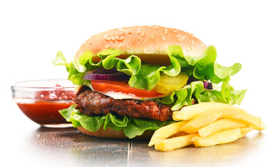 Homemade hamburger with cheese and fresh vegetables