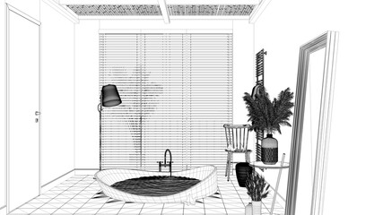 Blueprint project draft, cosy peaceful bathroom, round bathtub, ceramic tiles floor, table with vases and decors, sofa, window with blinds, spa, hotel suite, modern interior design