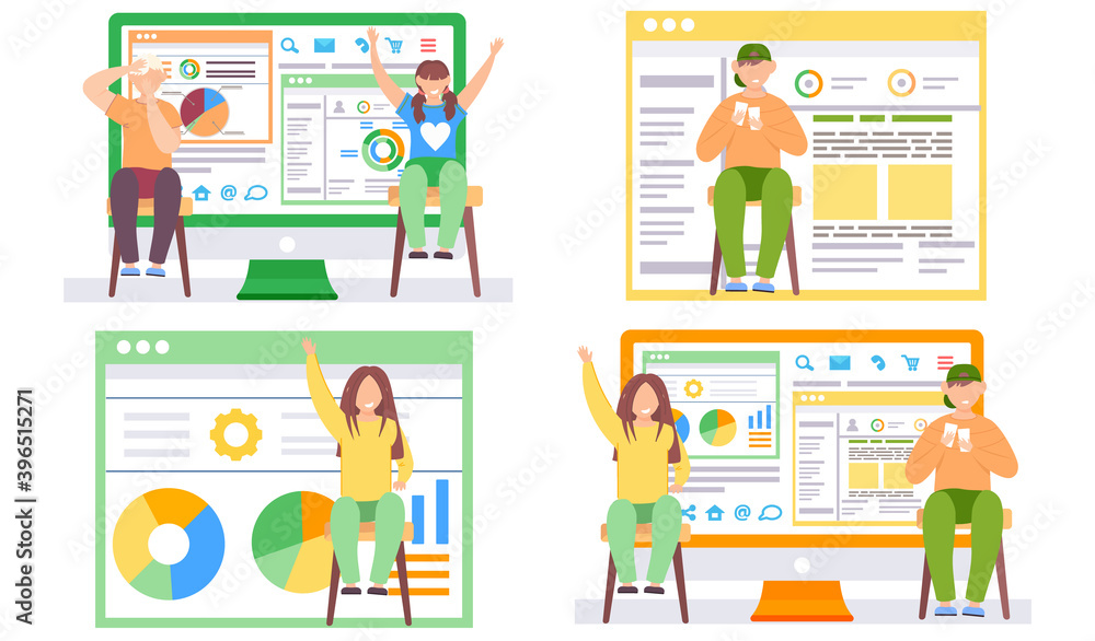 Poster a set of illustrations on the topic of children playing cards. people play games and do analytics. d