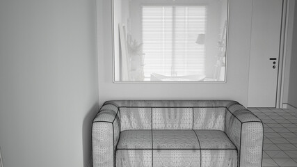 Unfinished project, cosy peaceful bathroom, reflection in a mirror over soft sofa, round bathtub, table with vases, window with blinds, spa, hotel suite, modern interior design