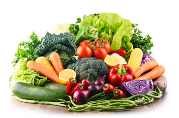 Composition with variety of raw organic vegetables and fruits