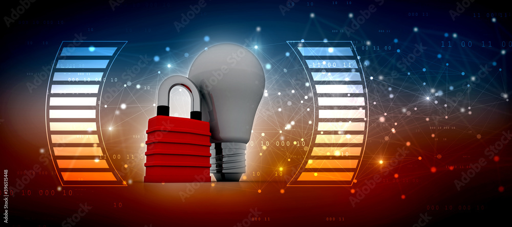 Aufkleber 3d rendering led white lightbulb protected lock
