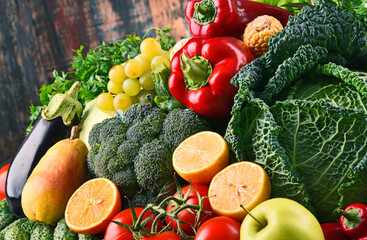 Composition with variety of raw organic vegetables and fruits