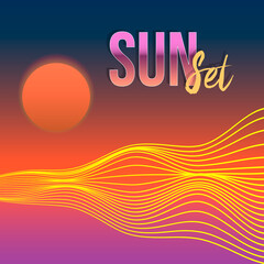 colorful vector illustration of abstract poster of hills wavy lines under the red sun and the inscription sunset