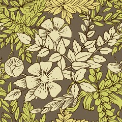 Floral ornament. Plexus of branches and leaves of trees, shrubs and herbs. Decorative and wild flowers. Seamless. Beautiful summer, spring composition. Vector illustration.