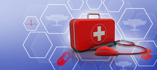 3d rendering stethoscope connected computer mouse with first aid box and syringe
