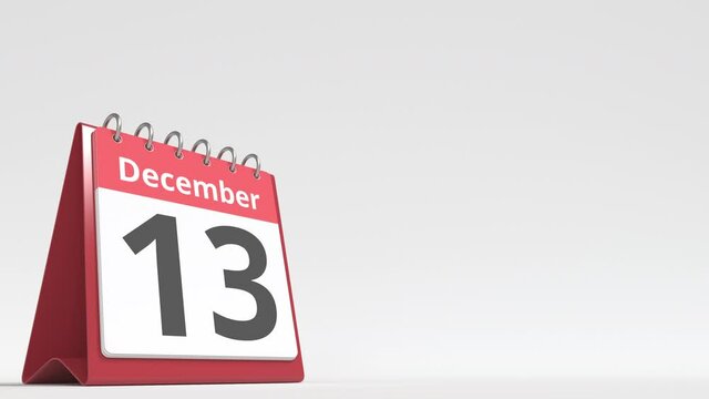 December 13 date on the flip desk calendar page, blank space for user text, 3d animation