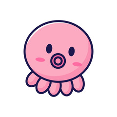 Cute Octopus Baby Icon. Trendy Vector Sea Kid Character for your Design of Stickers, T-Shirt, Card, Cover, Notebook. Kawaii Vector on Blue Bubble Background. Little Octopus Girl and Boy.